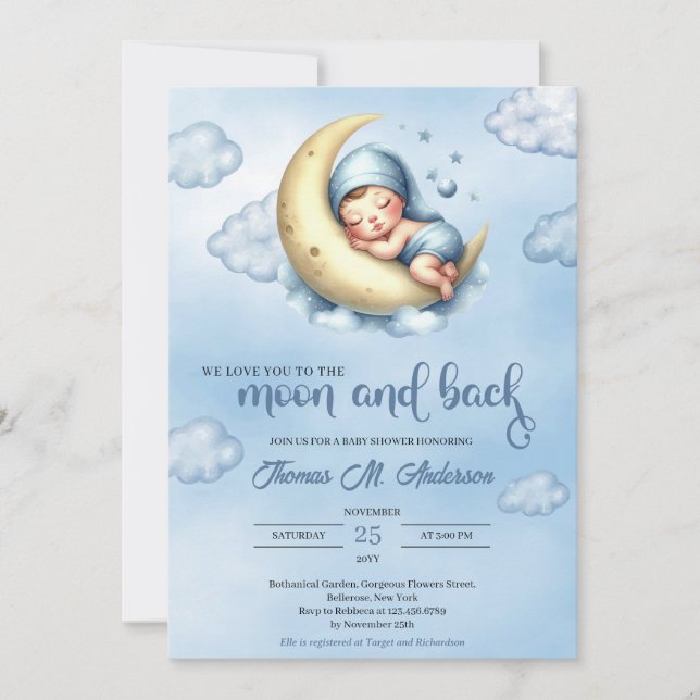Invitation Aquarelle bleu et jaune lune et dos garçon (Devant)