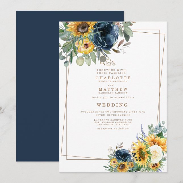 Invitation Aquarelle bleu et jaune Mariage Floral II (Devant / Derrière)