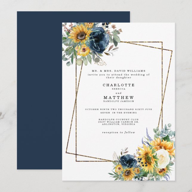 Invitation Aquarelle bleu et jaune Parents Mariages floraux (Devant / Derrière)