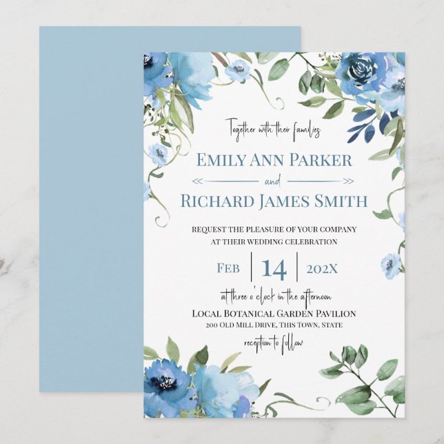 Invitation Aquarelle bleu et Mariage floral (Devant / Derrière)