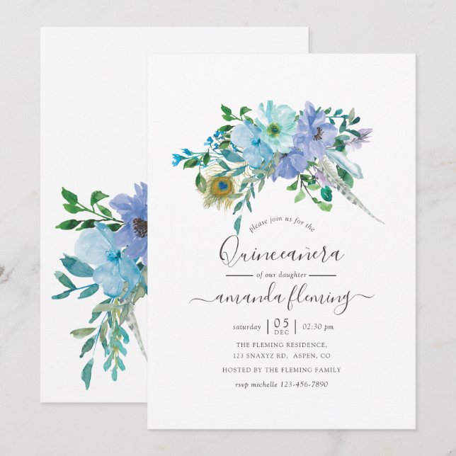 Invitation Aquarelle bleu et menthe Boho Floral Quinceañera (Devant / Derrière)