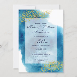 Invitation Aquarelle Bleu et Or 50e Anniversaire de Mariage