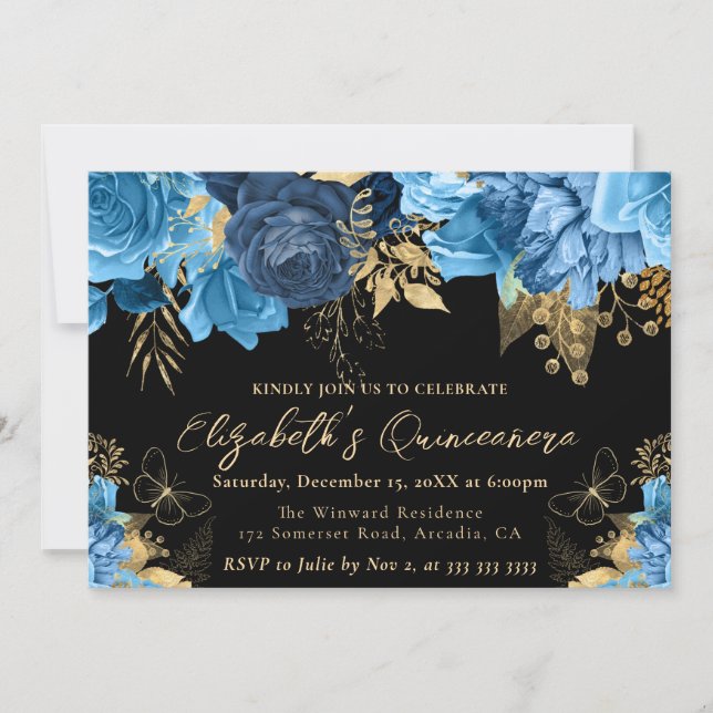 Invitation Aquarelle bleu et or fleurs Quinceanera (Devant)