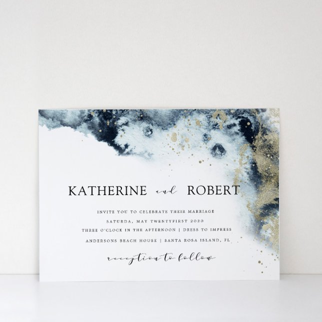 Invitation Aquarelle bleu et or minimaliste Mariage (Créateur téléchargé)