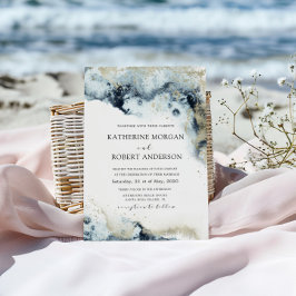 Invitation Aquarelle bleu et or minimaliste Mariage