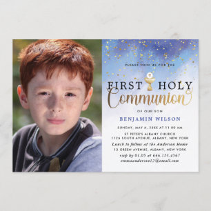 Invitation Aquarelle bleu et or Première communion sainte du 