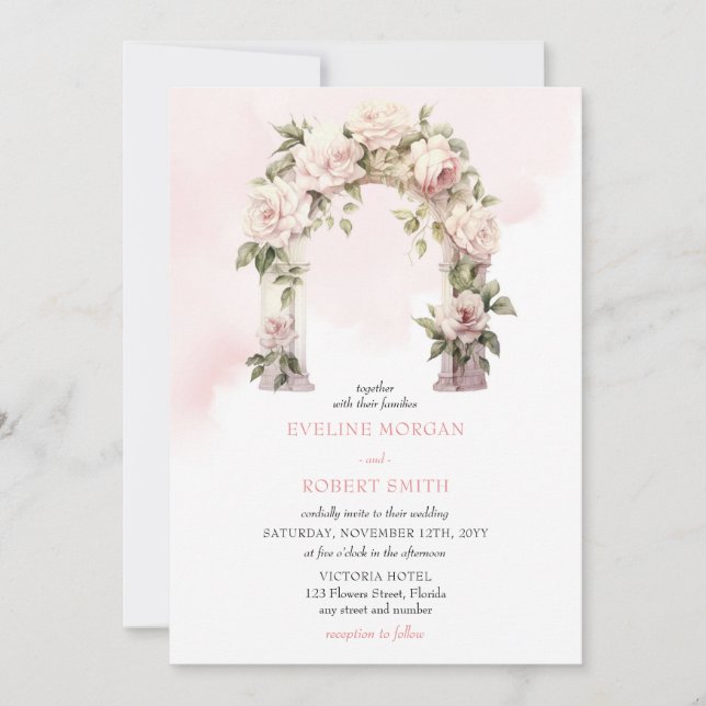Invitation Aquarelle bleu et rose blanche arche mariage (Devant)