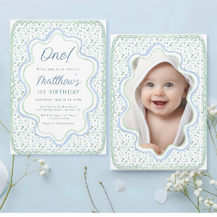 Invitation Aquarelle Bleu et Sage Vert 1er Anniversaire Photo