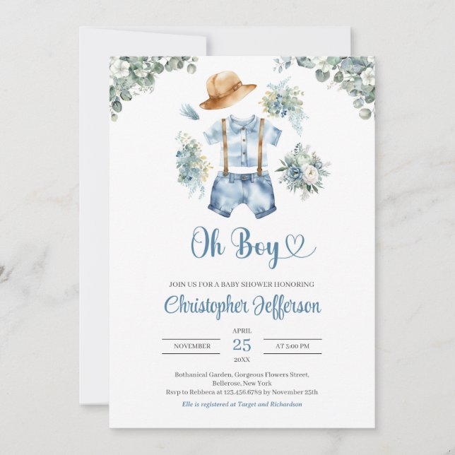 Invitation Aquarelle bleu et vert eucalyptus vêtements garçon (Devant)