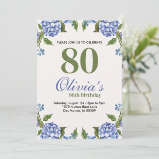 Invitation Aquarelle bleu et vert Hydrangea 80e anniversaire