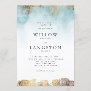 Invitation Aquarelle bleu éthérée et Mariage or