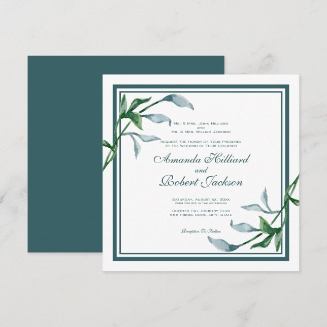 Invitation Aquarelle Bleu Feuilles verts, Mariage des noms de (Devant / Derrière)