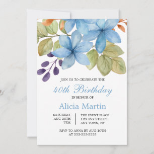 Invitation Aquarelle Bleu Fleur Botanique N'importe quel âge