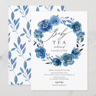 Invitation Aquarelle Bleu Fleurs Baby shower Thé