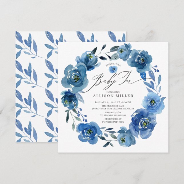 Invitation Aquarelle Bleu Fleurs Baby shower Thé (Devant / Derrière)