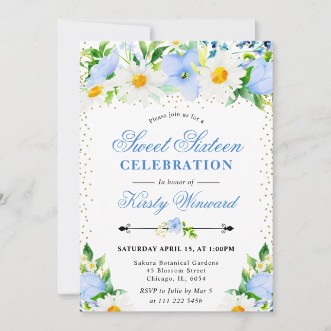 Invitation Aquarelle bleu Fleurs et marguerites Photo Sweet 1 (Devant)