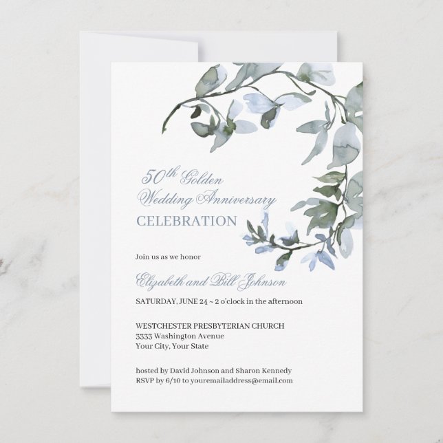 Invitation Aquarelle Bleu Floral 50e anniversaire Mariage (Devant)