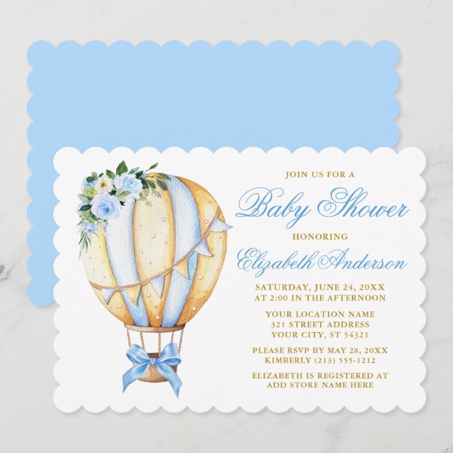 Invitation Aquarelle Bleu Floral Air Balloon Bow Baby shower (Devant / Derrière)