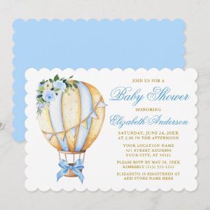 Invitation Aquarelle Bleu Floral Air Balloon Bow Baby shower