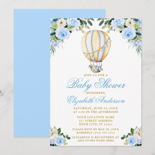 Invitation Aquarelle Bleu Floral Baby shower à bulle à air ch (Devant / Derrière)