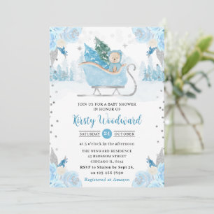 Invitation Aquarelle Bleu Floral Baby shower d'ours d'hiver