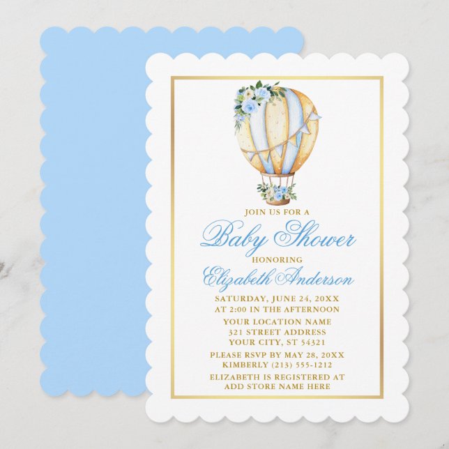 Invitation Aquarelle Bleu Floral Baby shower Or (Devant / Derrière)