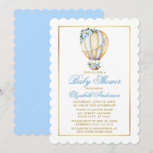 Invitation Aquarelle Bleu Floral Baby shower Or