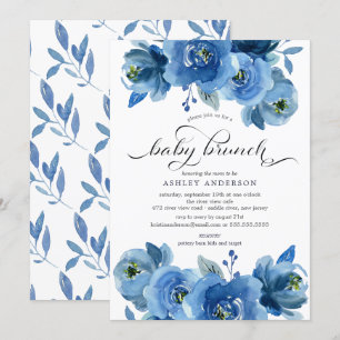 Invitation Aquarelle Bleu Floral Bébé Brunch