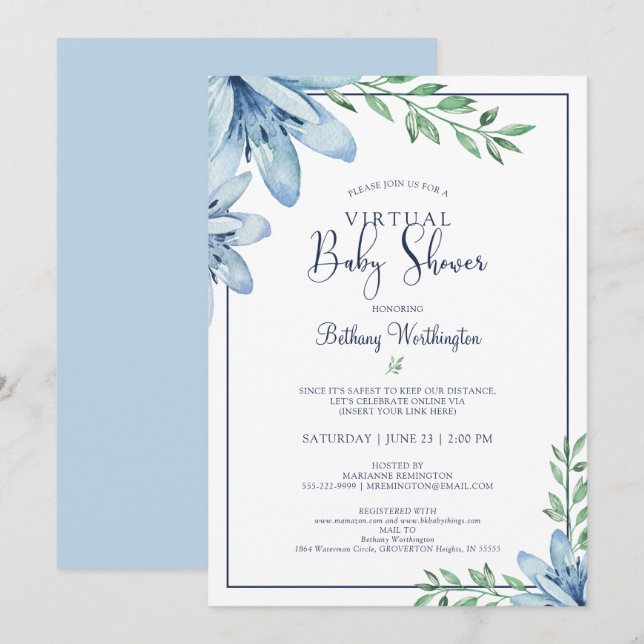 Invitation Aquarelle Bleu Floral Blooms Baby shower virtuel (Devant / Derrière)