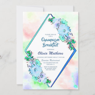 Invitation Aquarelle bleu Floral Champagne Petit déjeuner