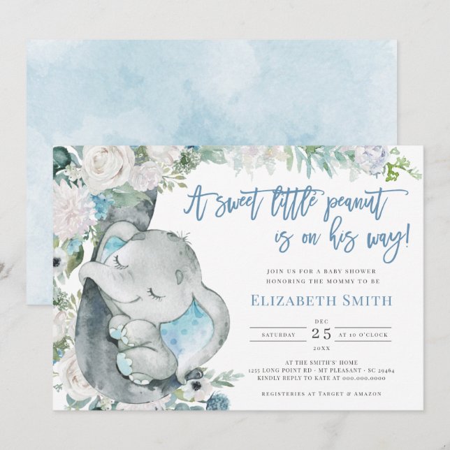 Invitation Aquarelle bleu Floral Elephant Baby shower garçon (Devant / Derrière)