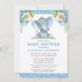 Invitation Aquarelle Bleu Floral Eléphant Parties scintillant