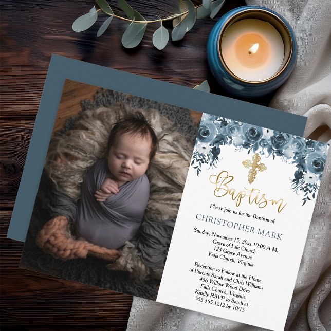 Invitation Aquarelle bleu Floral Faux Gold Boy Photo Baptême (Elegant Blue Watercolor Floral Faux Gold Accents Boy Baptism Photo Invitation - Print | Digital)