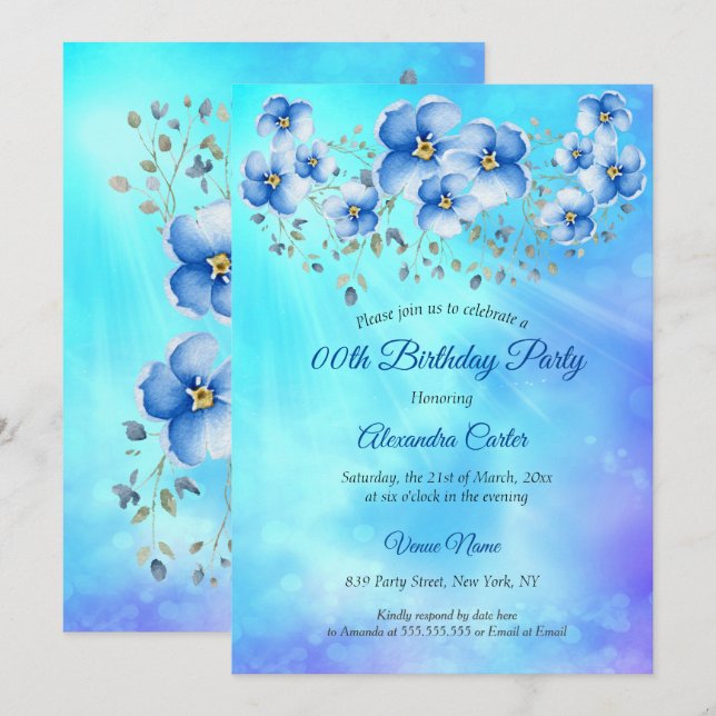 Invitation Aquarelle bleu floral fête d'anniversaire (Devant / Derrière)