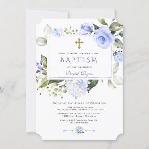 Invitation Aquarelle Bleu Floral Frame Cross Boy Baptême
