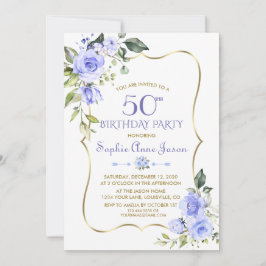Invitation Aquarelle Bleu Floral Gold Frame 50e anniversaire