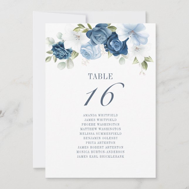 Invitation Aquarelle Bleu Floral Mariage Numéros de siège (Devant)