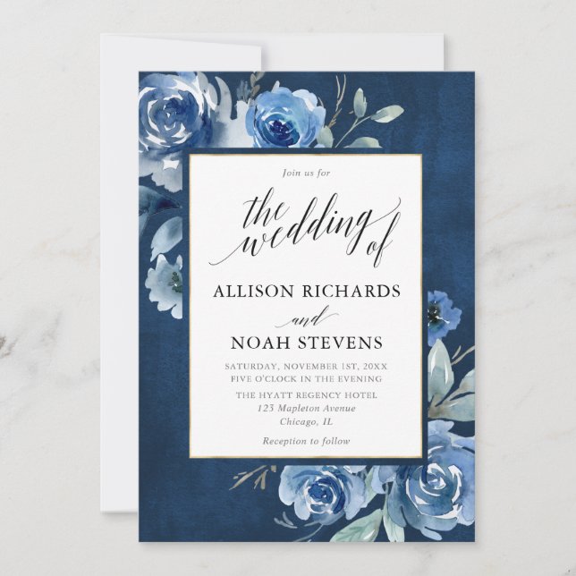 Invitation Aquarelle bleu floral moderne mariage (Devant)