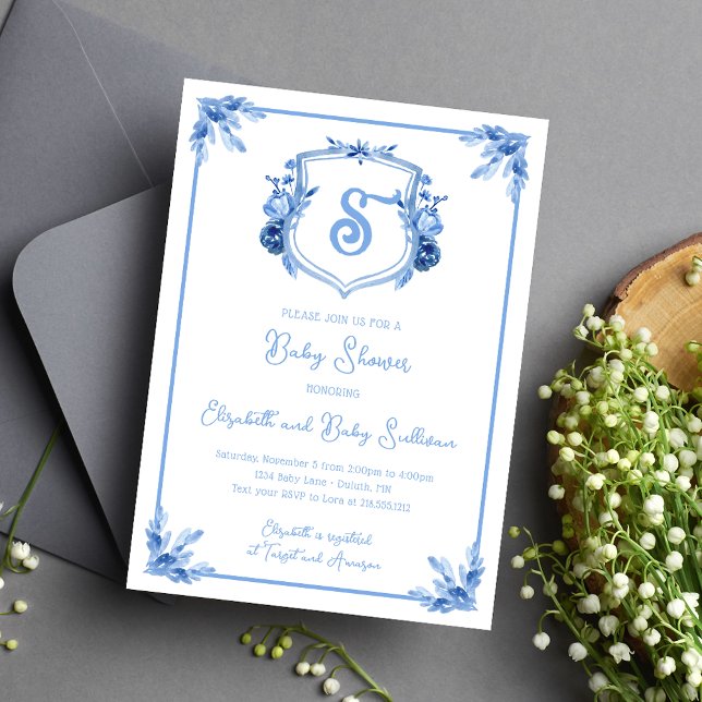 Invitation Aquarelle Bleu Floral Monogramme Crest Baby shower (Créateur téléchargé)
