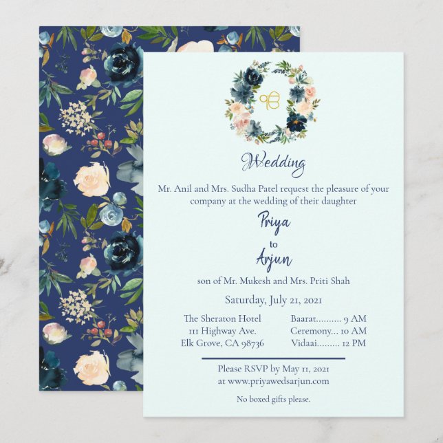 Invitation Aquarelle bleu Floral Sikh Ik Onkar Mariage (Devant / Derrière)