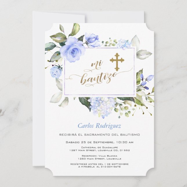 Invitation Aquarelle Bleu Flore Cadre Or Croix Mi Bautizo (Devant)
