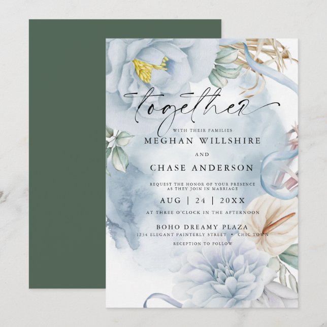 Invitation Aquarelle bleu foncé BOHO Floral (Devant / Derrière)