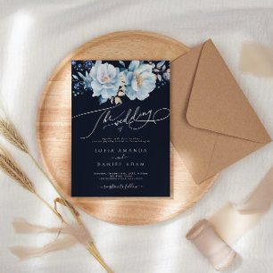 Invitation Aquarelle Bleu foncé Hiver Floral Mariage