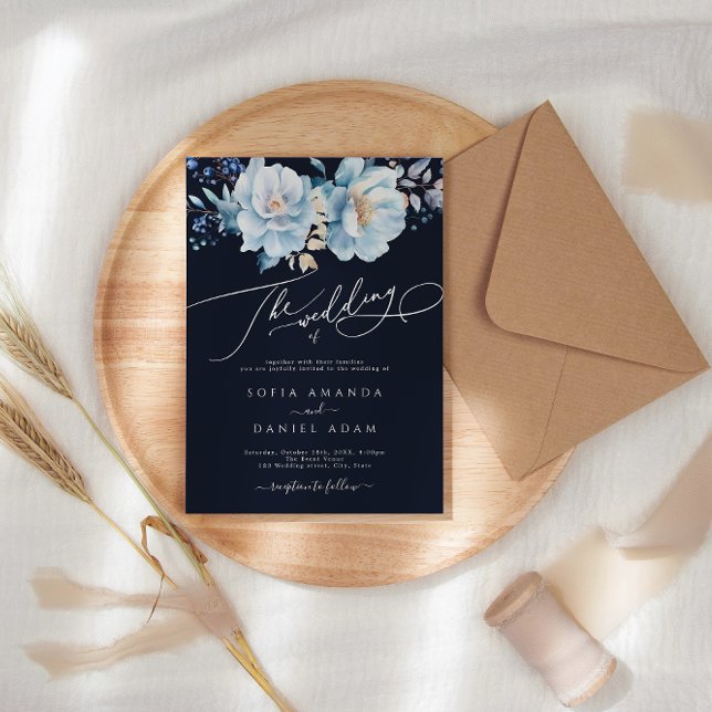 Invitation Aquarelle Bleu foncé Hiver Floral Mariage (Créateur téléchargé)