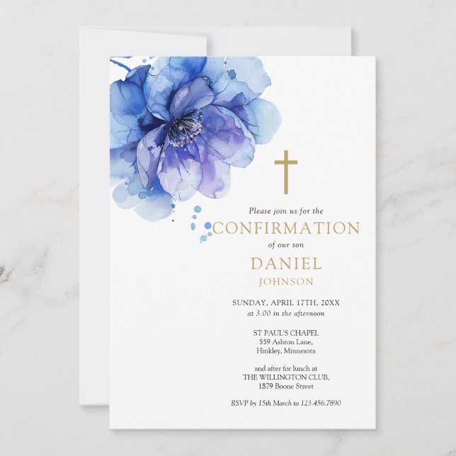Invitation Aquarelle bleu foncé moderne Confirmation florale (Devant)