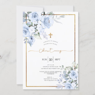 Invitation Aquarelle bleu foncé Rose Christening