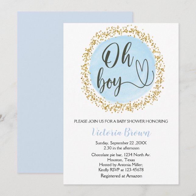 Invitation Aquarelle Bleu Gold Confetti Baby shower Oh boy (Devant / Derrière)