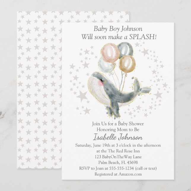 Invitation Aquarelle bleu gris or Baby shower mou baleine (Devant / Derrière)