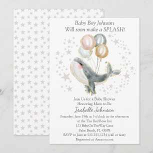 Invitation Aquarelle bleu gris or Baby shower mou baleine