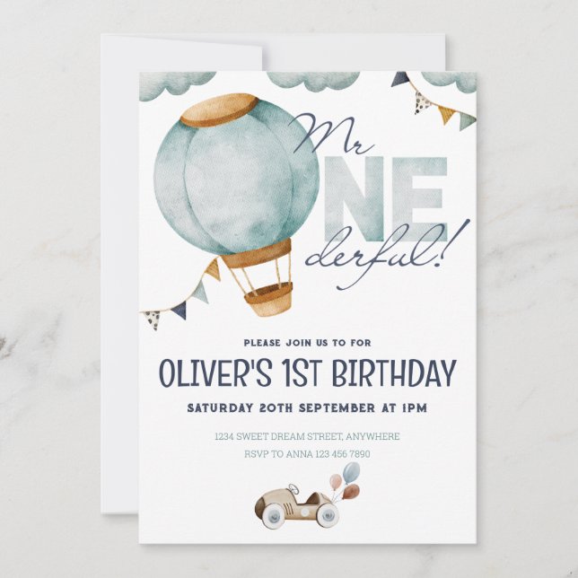Invitation Aquarelle Bleu Hot Air Balloon M. ONEderful Boy (Devant)